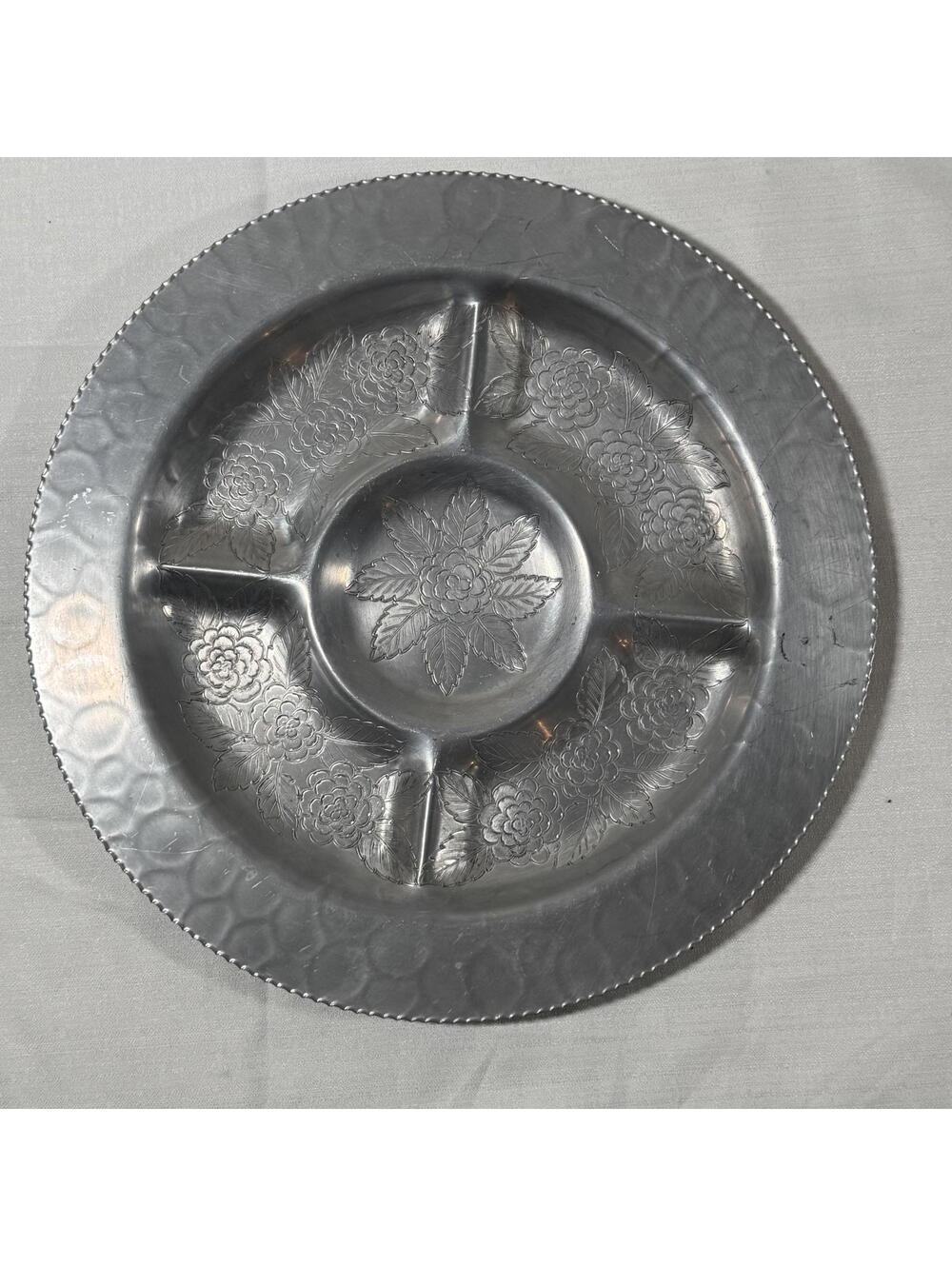 Vintage Divided Silver Tray Aluminum Lehman Hand Forged Flower Leaves Hammered